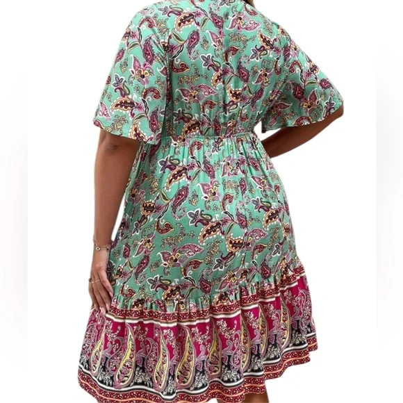 BohoTeal and Pink Paisley Tie-Front cut out Dress, Large, New - Picture 5 of 8